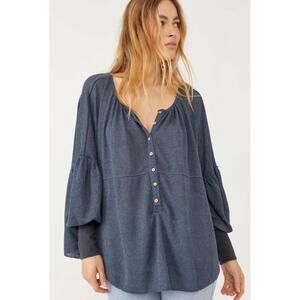 NWT Free People Women's Marla Oversized Henley Top in Poppy Seed Blue Small